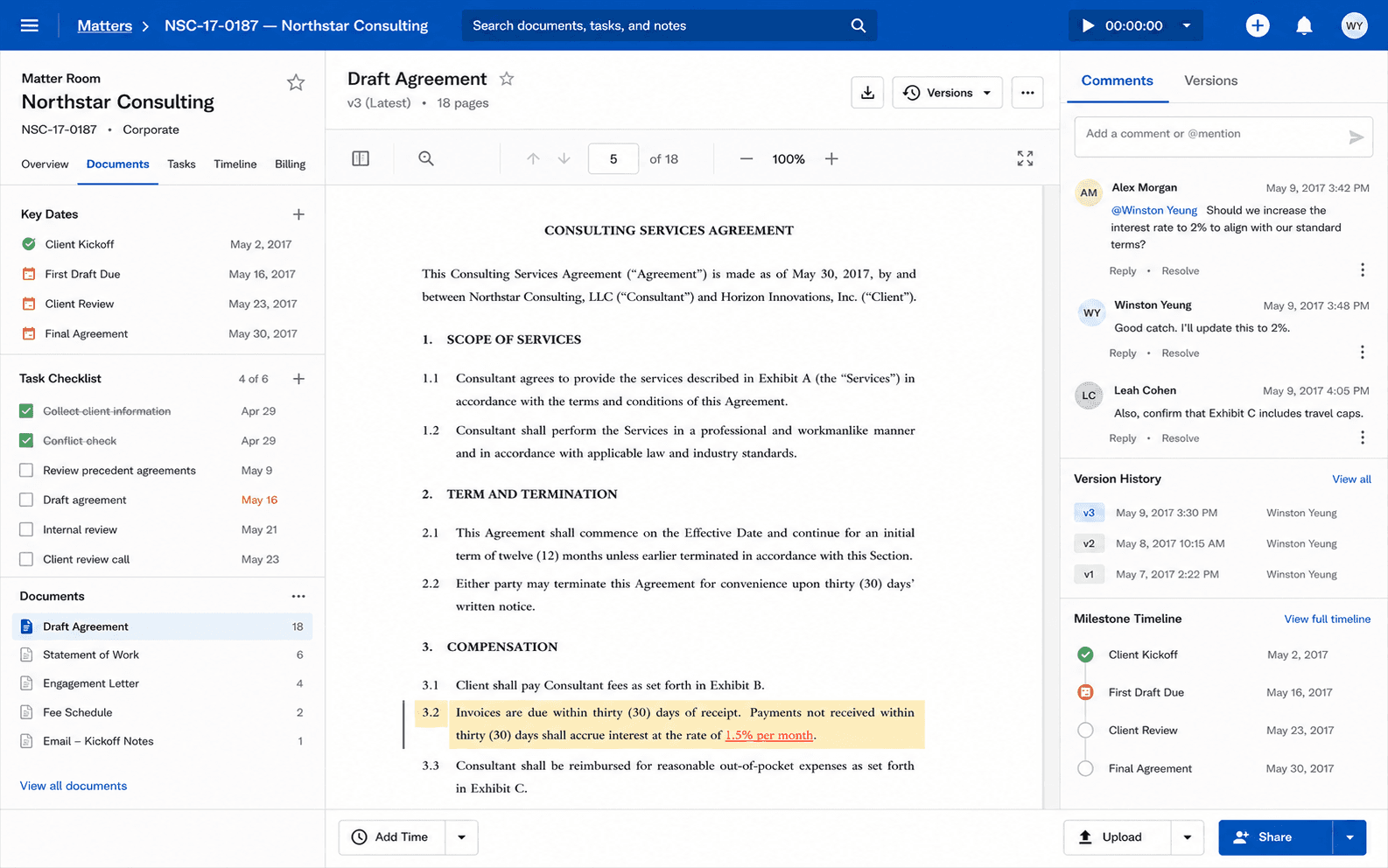 Clio Manage matter room with client and case details