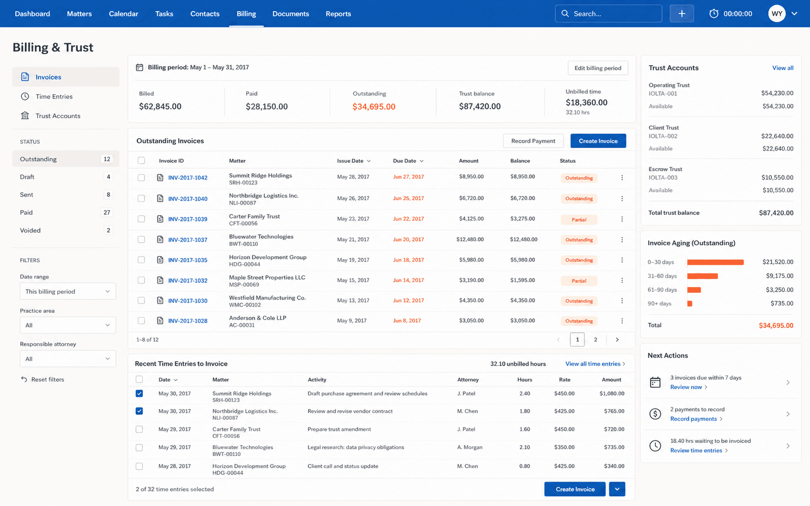 Clio Manage billing and trust accounting interface