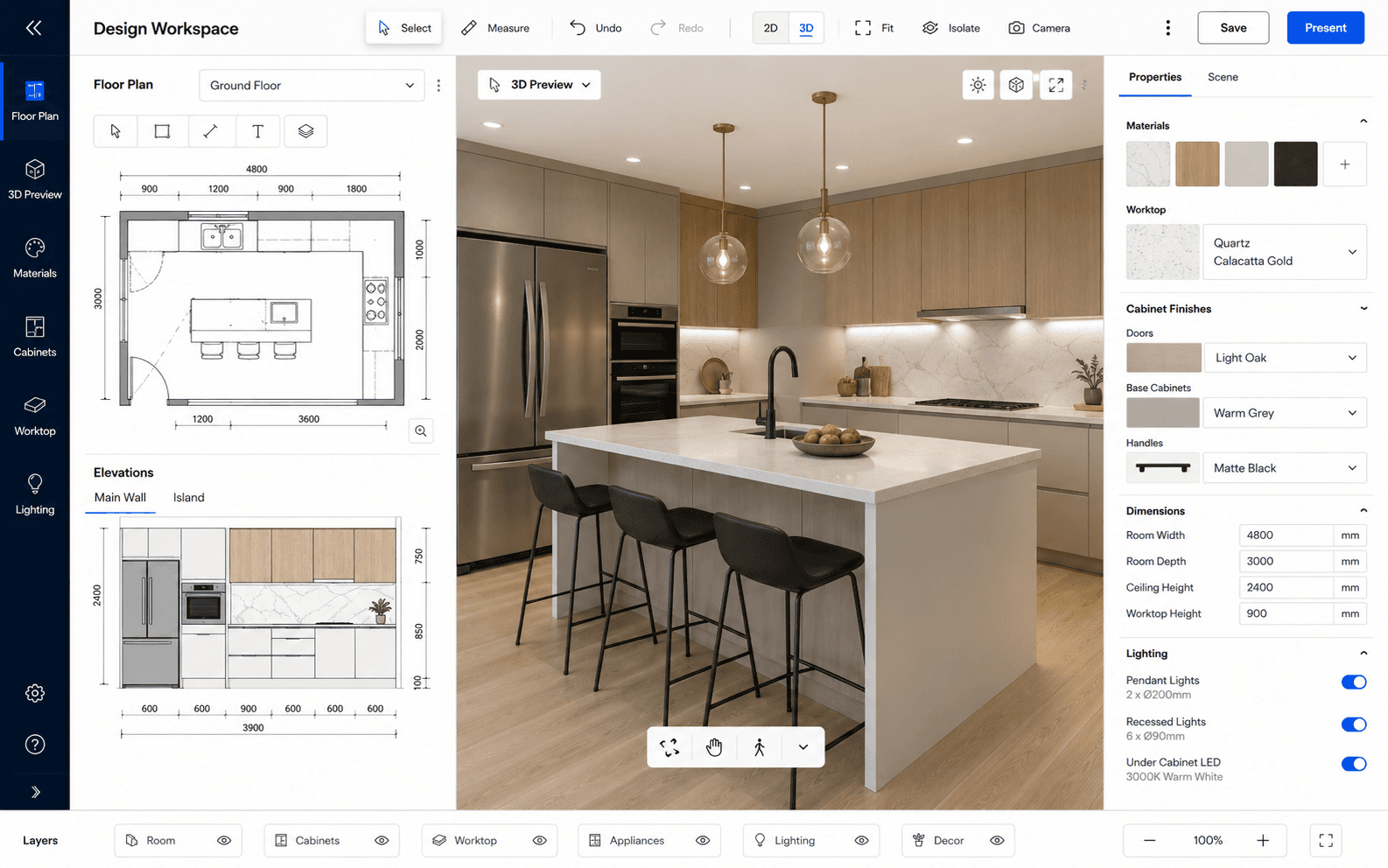 Design Flex design workspace with kitchen options and floor plan