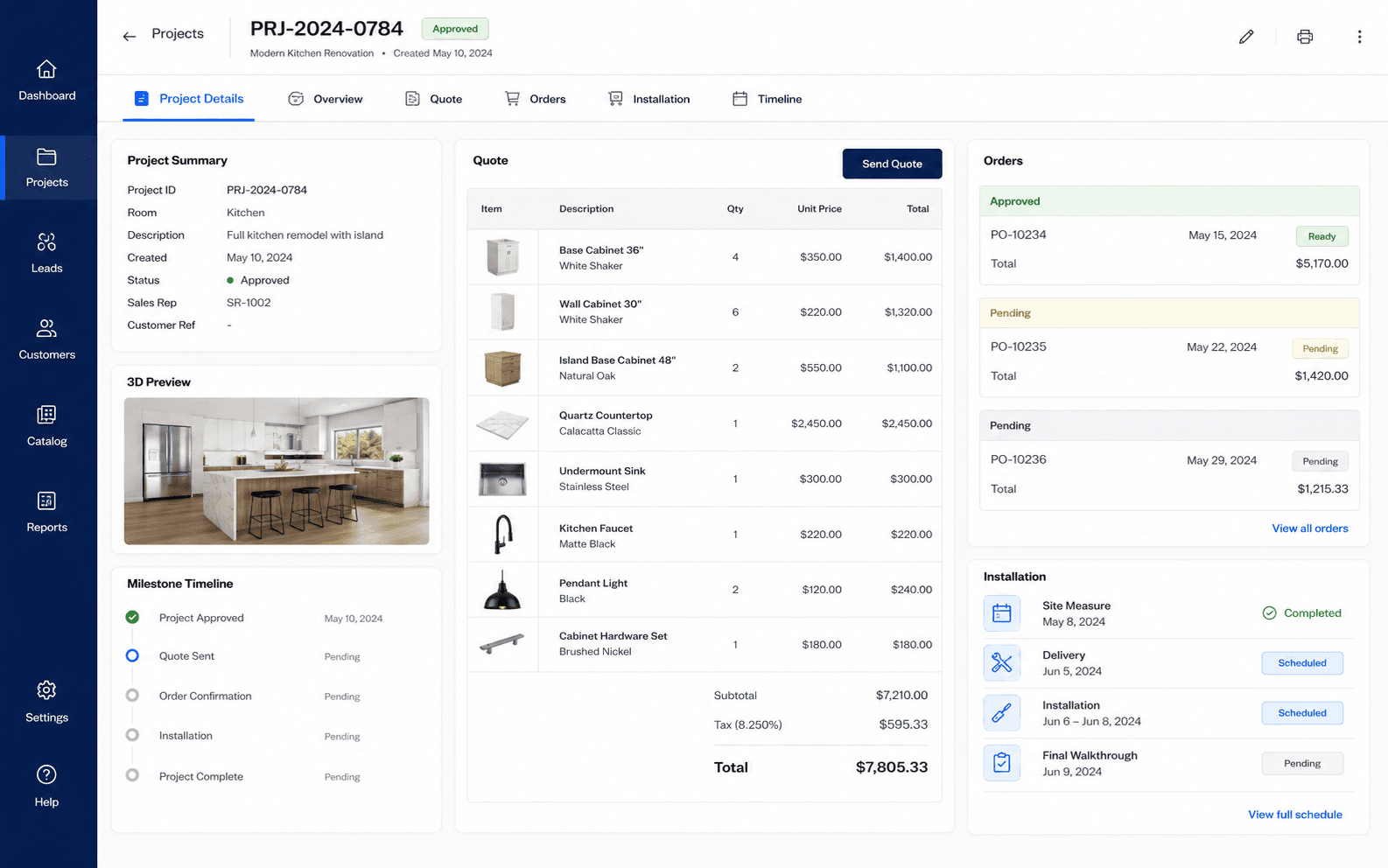 Design Flex quote, orders, and installation workflow interface