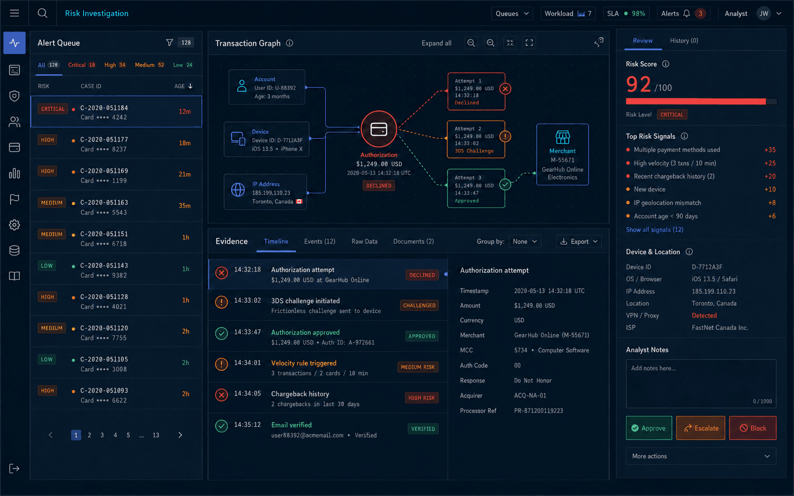 Nuvei risk investigation and case management interface