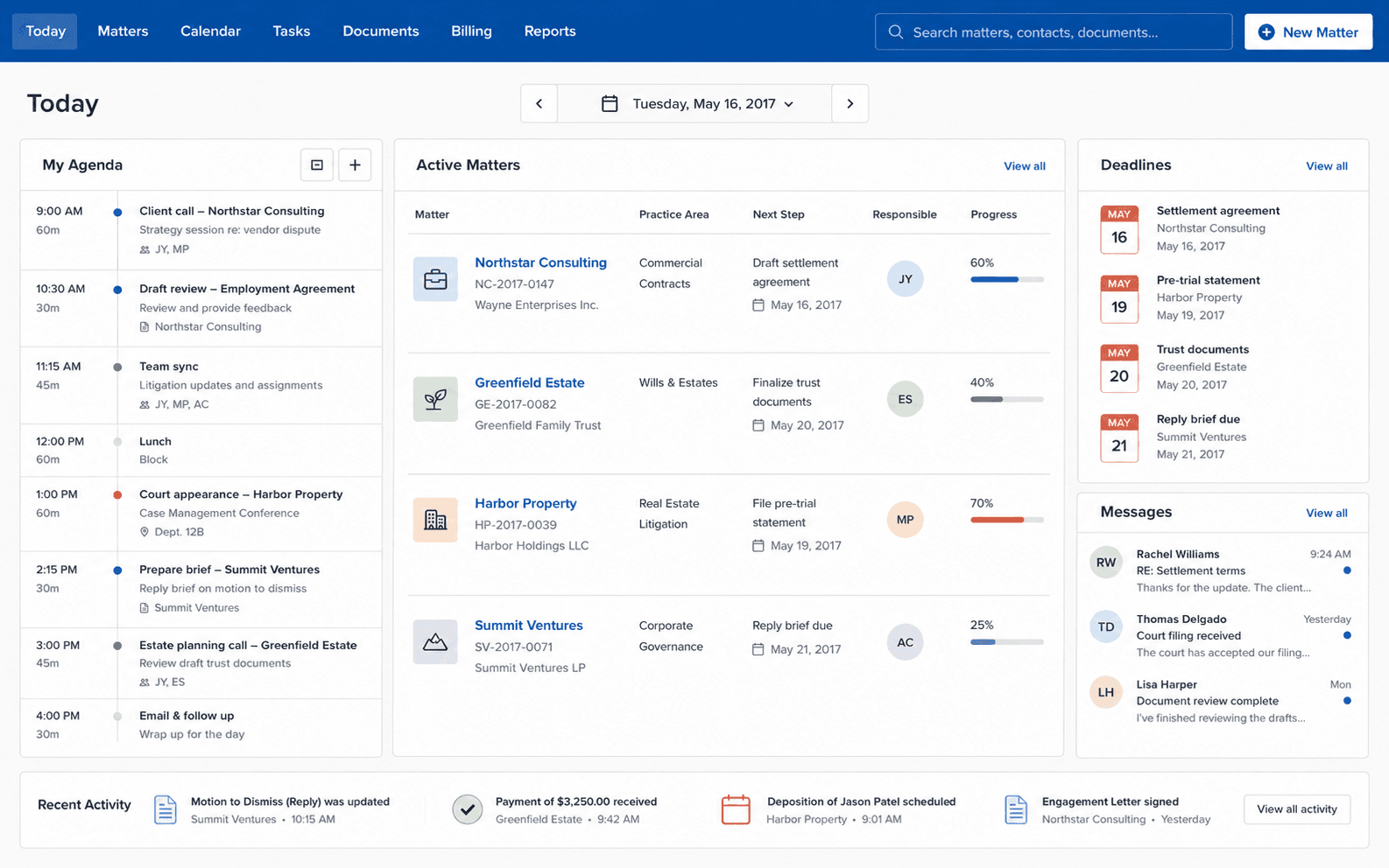 Clio Manage today workspace with tasks and calendar